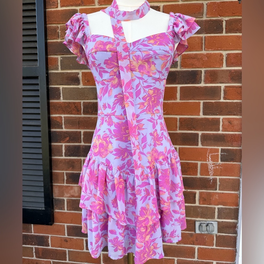 Floral Ruffle Mini Sundress in Lavender and Pink With Neck Scarf Or Waist Belt